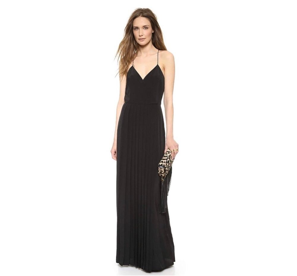 Tibi Pleated Maxi Dress Black Silk Spaghetti Strap Size 8 Evening Gown